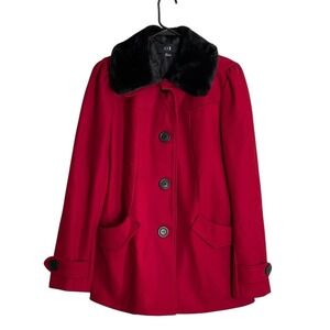 XXI RED WOOL BLEND BLACK FAUX FUR COLLAR BUTTON DRESS COAT LARGE